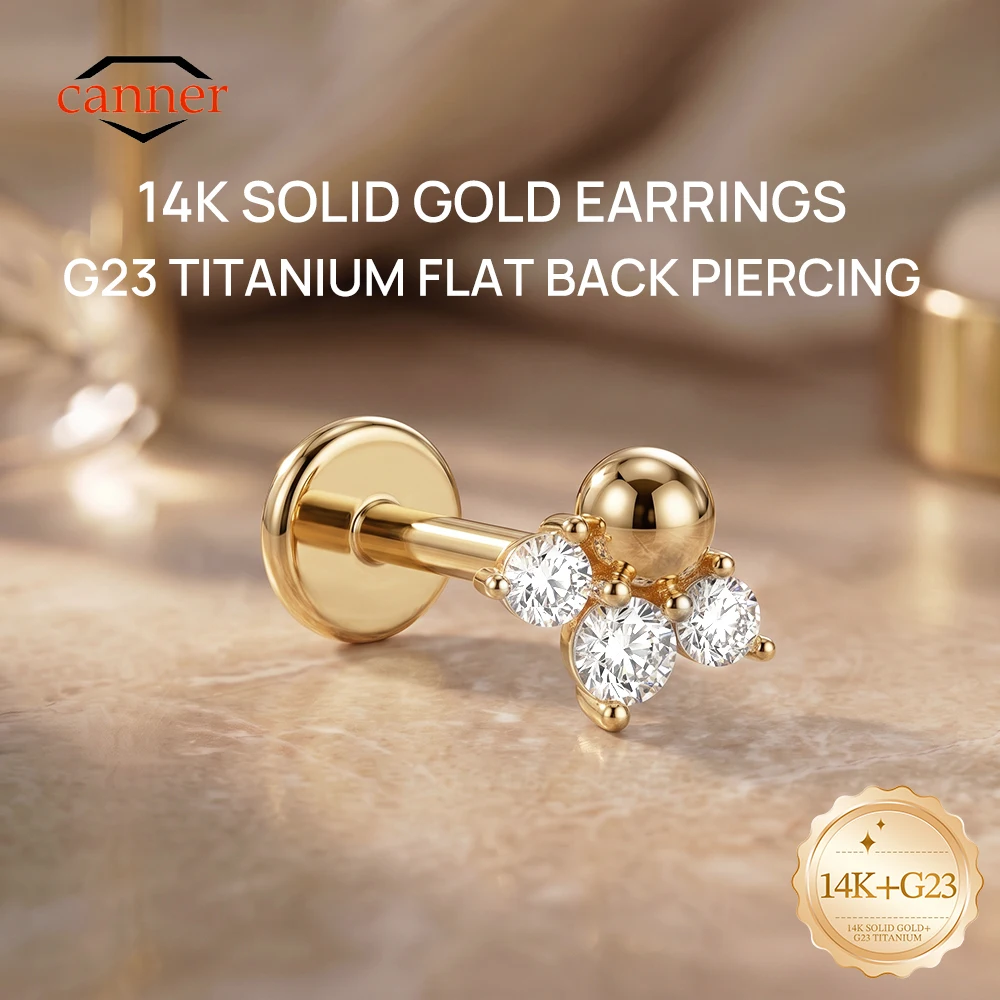 CANNER 1PC 14K Solid Gold Ball Cluster Earring Flat Back Stud CZ Helix Cartilage Piercing Jewelry for Women Minimalist Gift