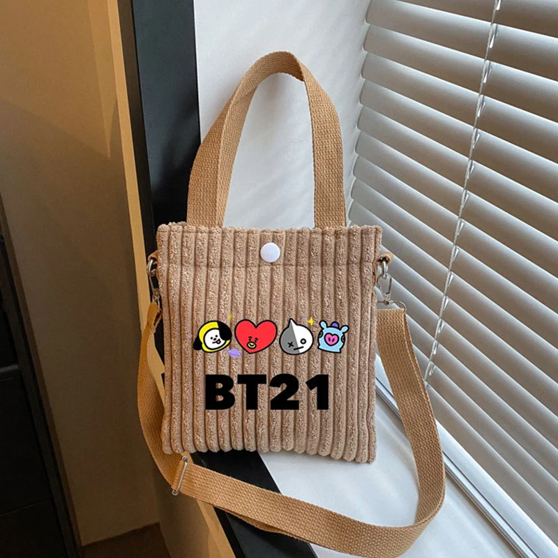 Kawaii Bt21 Corduroy Pluche Crossbody Tas Leuke Cartoon Dames Reizen en Vrije tijd Item Opbergtas Schoudertas Vakantiecadeaus