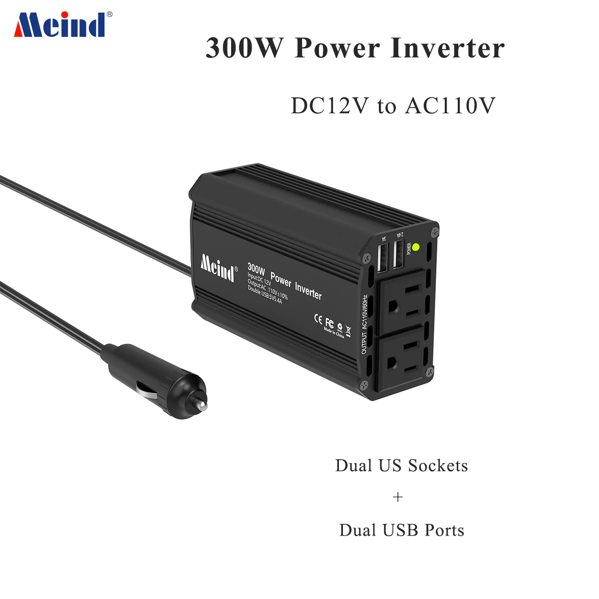 

Meind 300W Car Inverter DC 12V to 110V AC Power Inverter for Vehicles with 5.4A Dual USB Ports