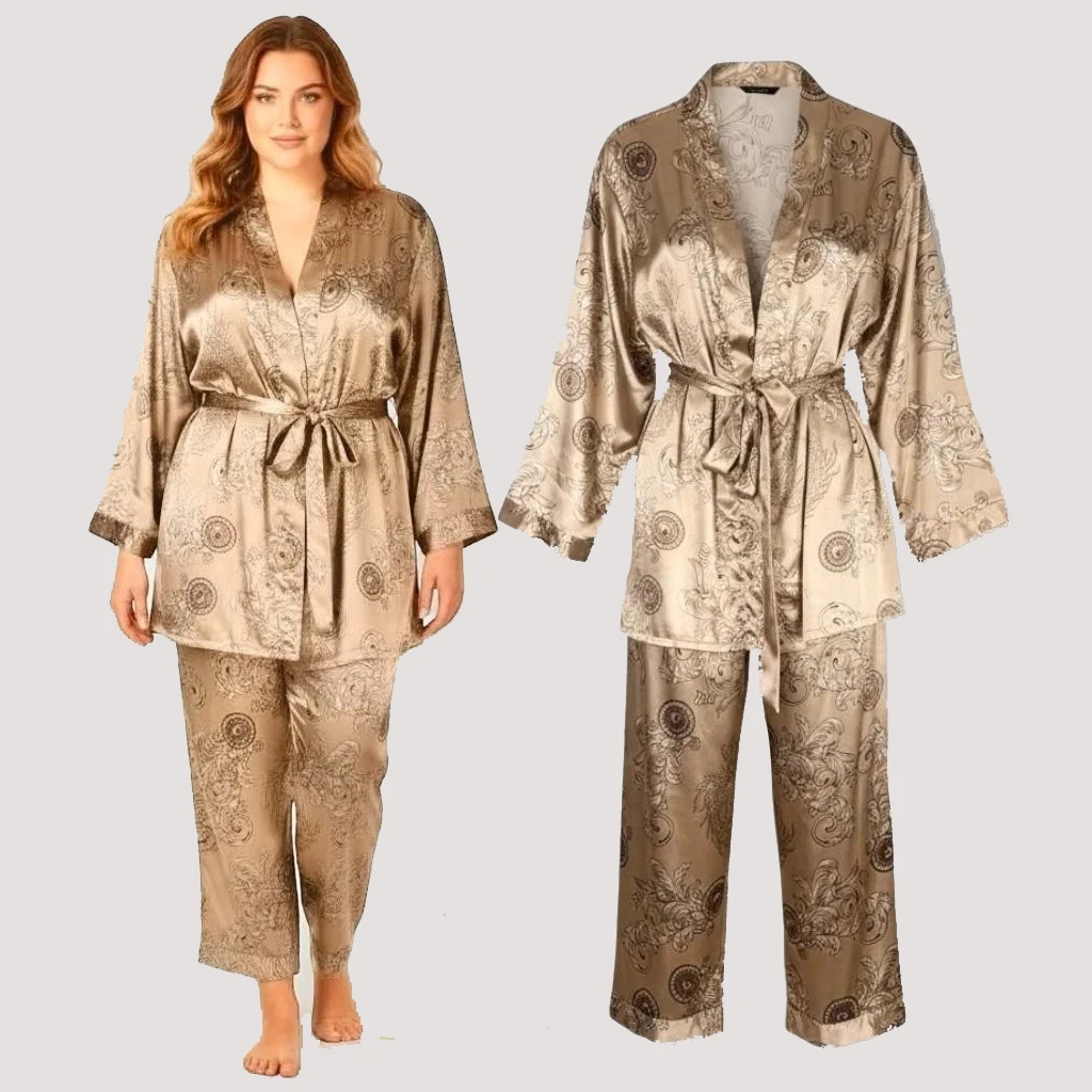 

Новый комплект женской пижамы больших размеров: сексуальный топ на бретельках, брюки и халат (3 предмета) из шелковистого атласа с принтом. Домашняя одежда для сна.