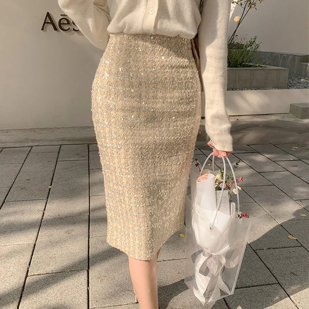 Piccolo vento profumato 2023 autunno nuova gonna in Tweed Office Lady di media lunghezza a vita alta Business Plaid elegante borsa Hip gonna a un