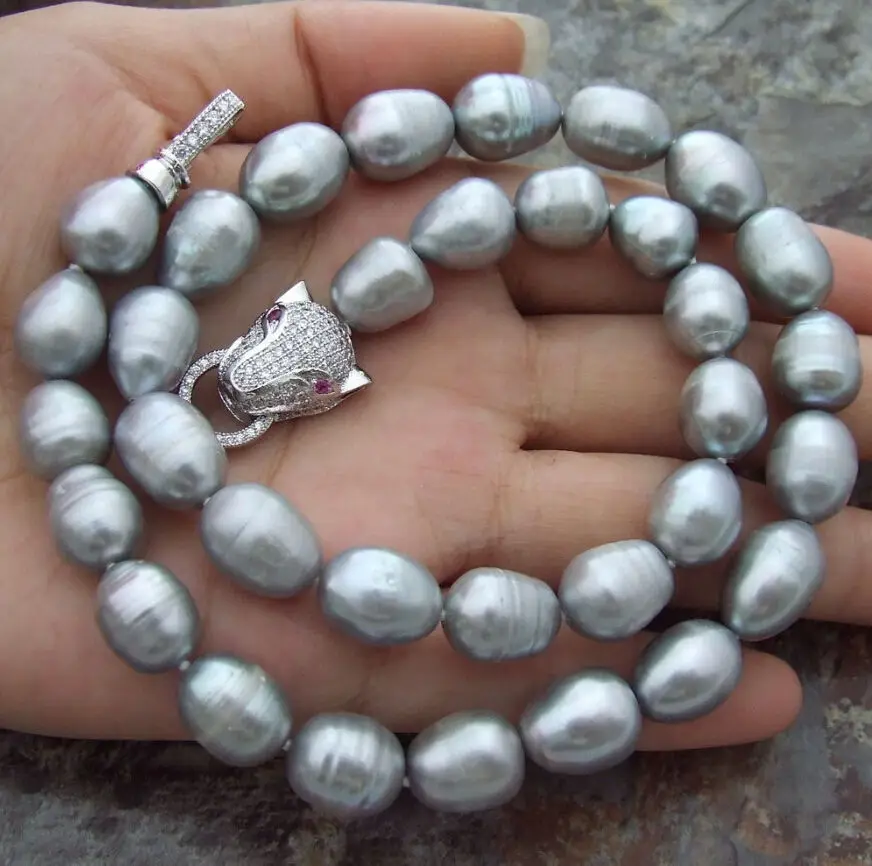 

18“ AAAA Japanese Akoya 11-12 mm Gray Pearl Necklace Leopard hea clasp fine jewelryJewelry Making