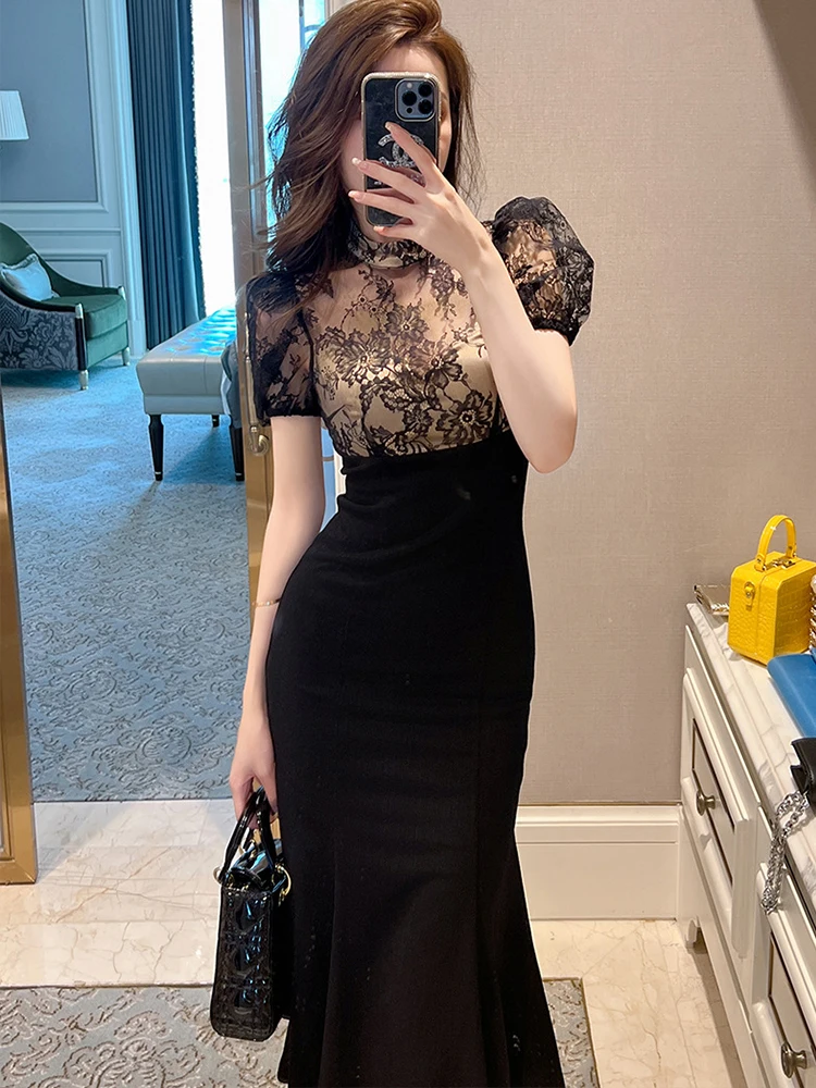 2023 Elegant Style Long Dress Women Retro Chic Black Sheer Lace Spliced High Waist Fishtail Robe Femme Party Prom Vestidos Mujer