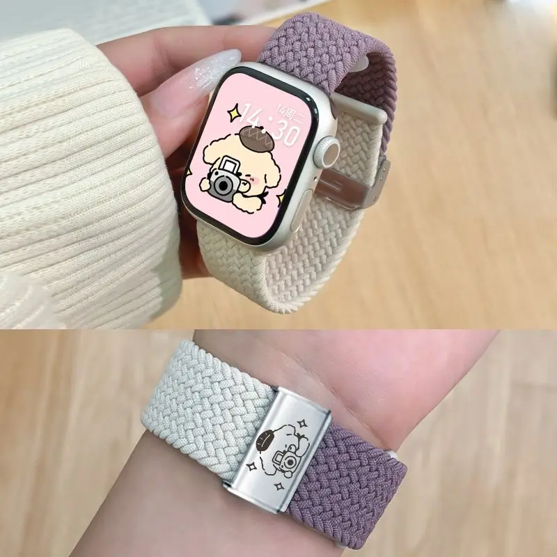 Cute PompomPurin Braided Strap For iWatch Band 45mm 49mm 44mm 42mm 41mm 40mm Nylon Bracelet iWatch series 9 7 SE 6 8 5 Ultra 4 3