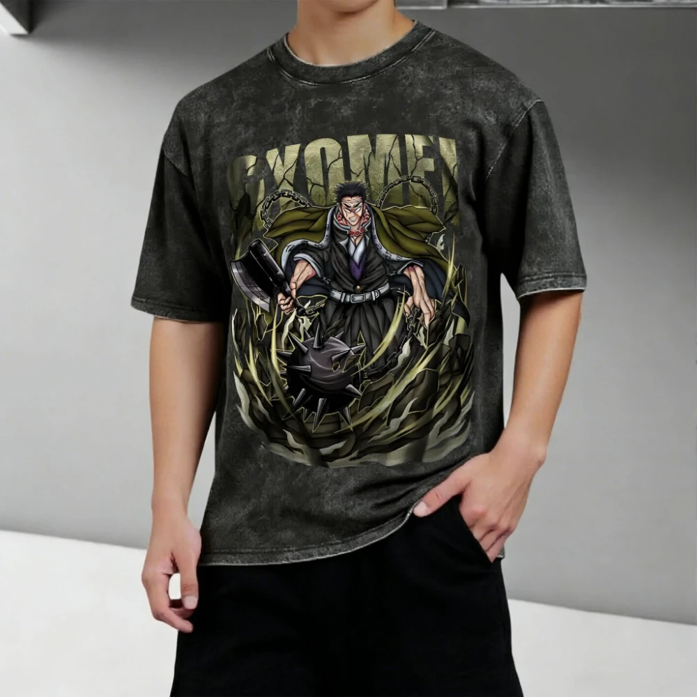 

Demon Slayer Men's and Women's Washed T-Shirt Gyomei Himejima Summer and Spring Y2k Anime Tee Retro Distressed Short Sleeve