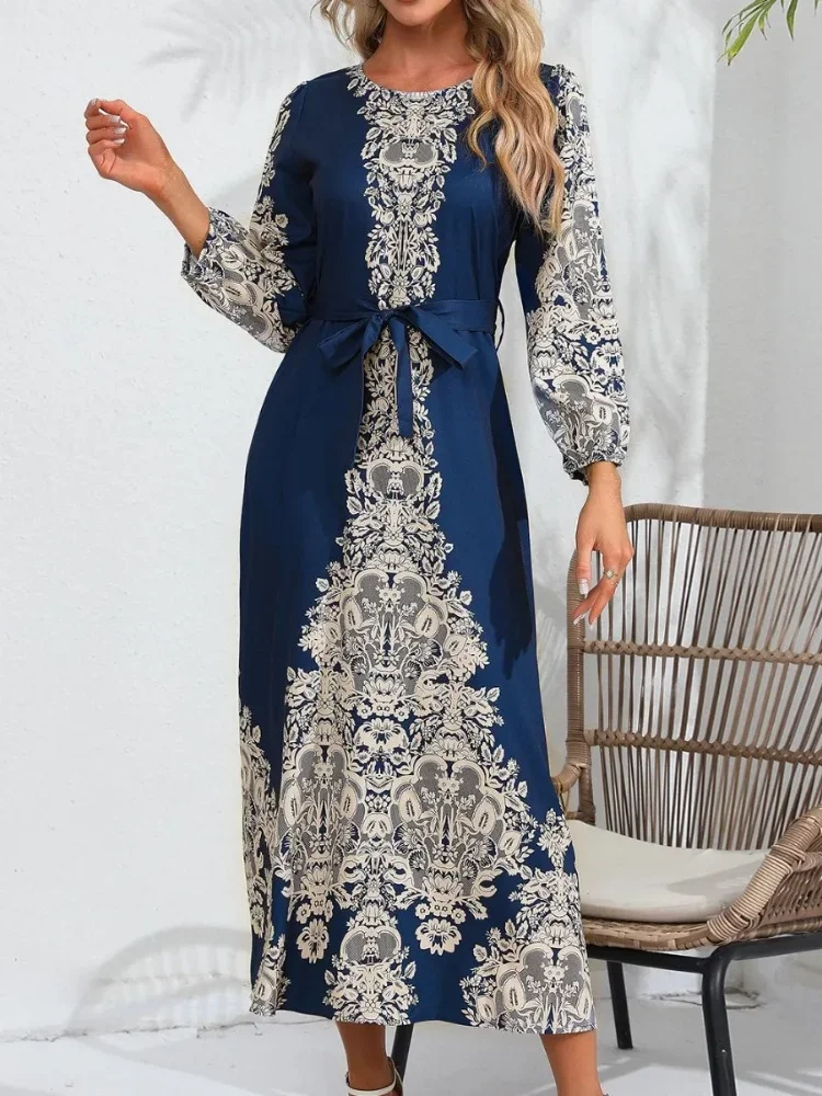 Eid Muslim Print Dress Women Party Dresses Lace Up Long Robe Jalabiya Ramadan Morocco Dubai Abayas Kaftan Islam Arab Vestidos