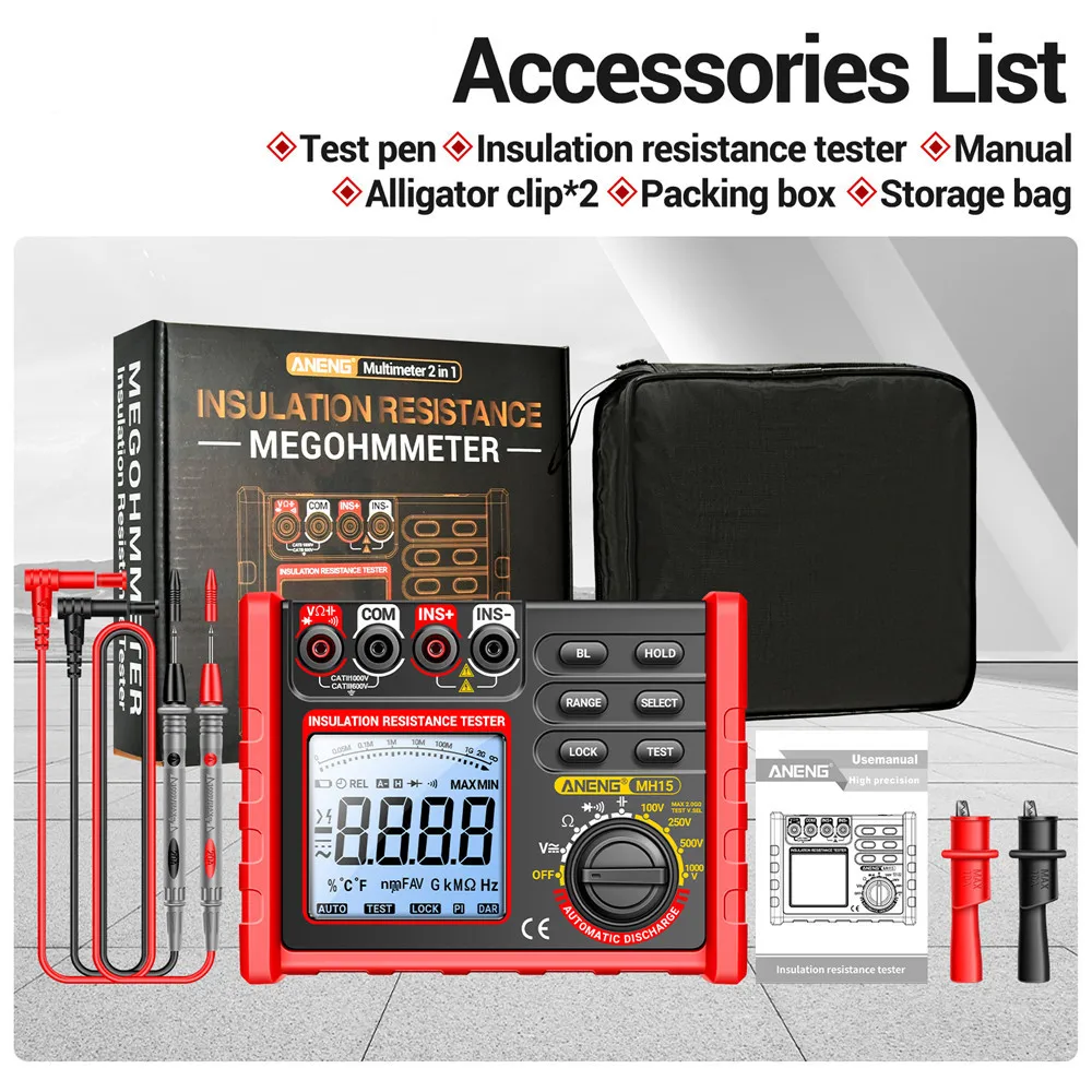 MH15 Insulation Resistance Tester Digital Megohmmeter AC/DC Voltage 0-750V/1000V Capacitance 0-60mF High Accuracy Multimeter