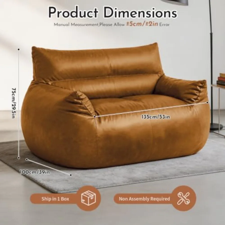 Brown faux leather bean bag loveseat for adults giant, durable, soft-touch, modern living room seating