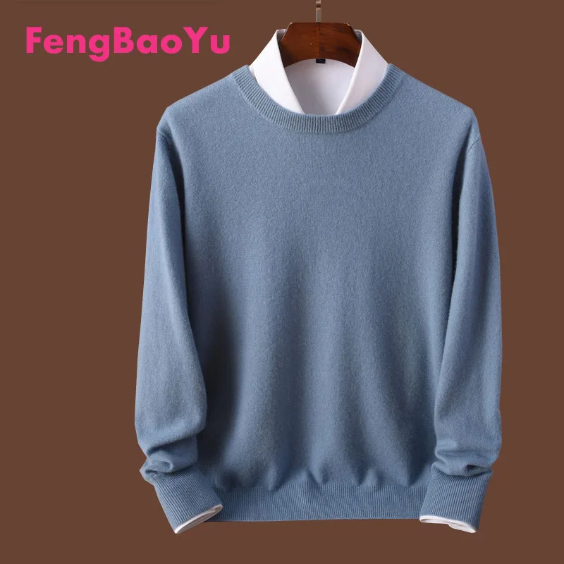 

Fengbaoyu Autumn Winter Men's Long Sleeve Round Neck Cashmere Sweater Solid Color Loose 100% Pure Wool Top Comfortable and Warm