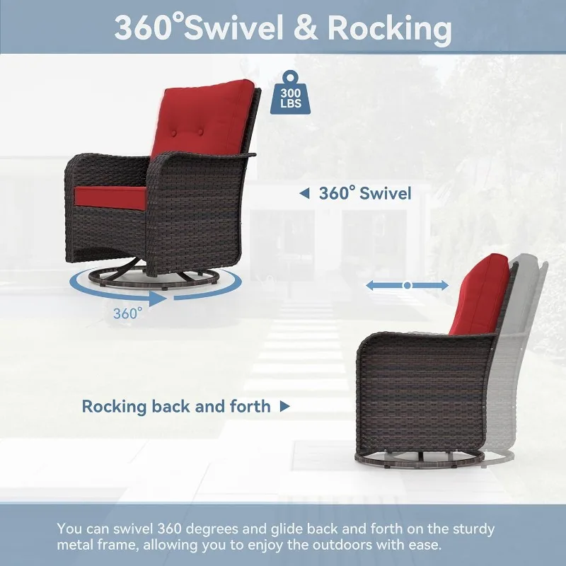 Outdoor Spin Glider Rocking Chair, Wicker Courtyard Bistro Set, tempered glass side table and thickened cushion (red)