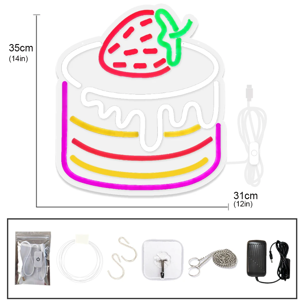 Imagem -04 - Happy Birthday Cake Neon Sign Decoração de Fundo Morango Shortcake Sinal de Luz Porta Usb Dimmable Presente para Festa de Aniversário