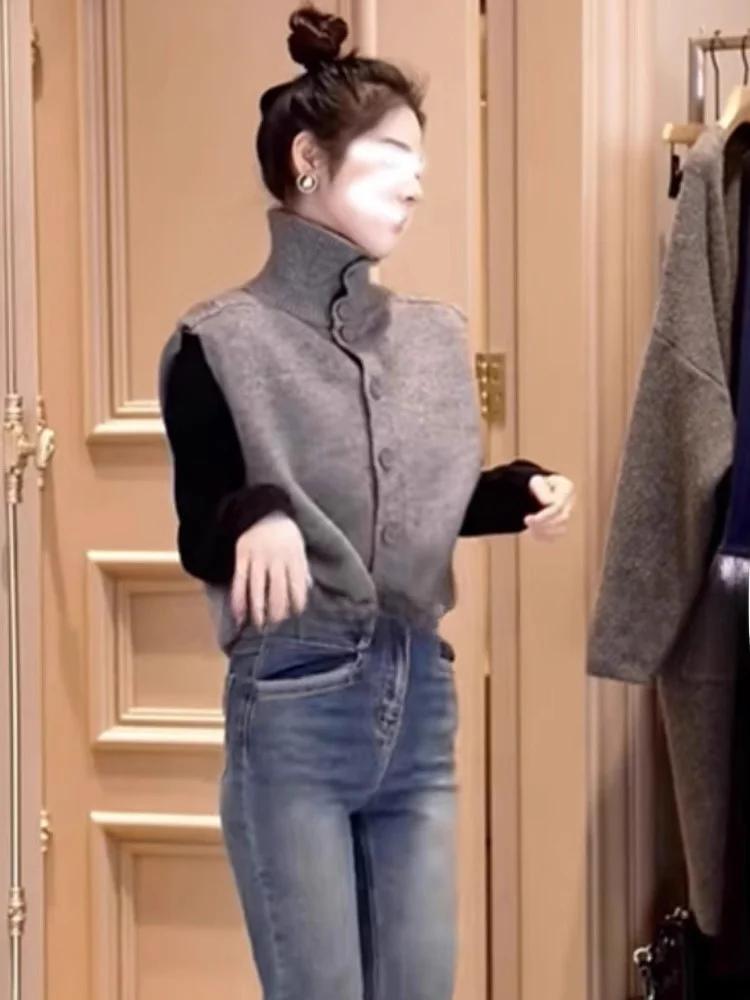 المرأة عالية الياقة محبوك سترة صوف سترة لون نقي تويست الخريف Faion طبقات Svel قمة مريحة #2