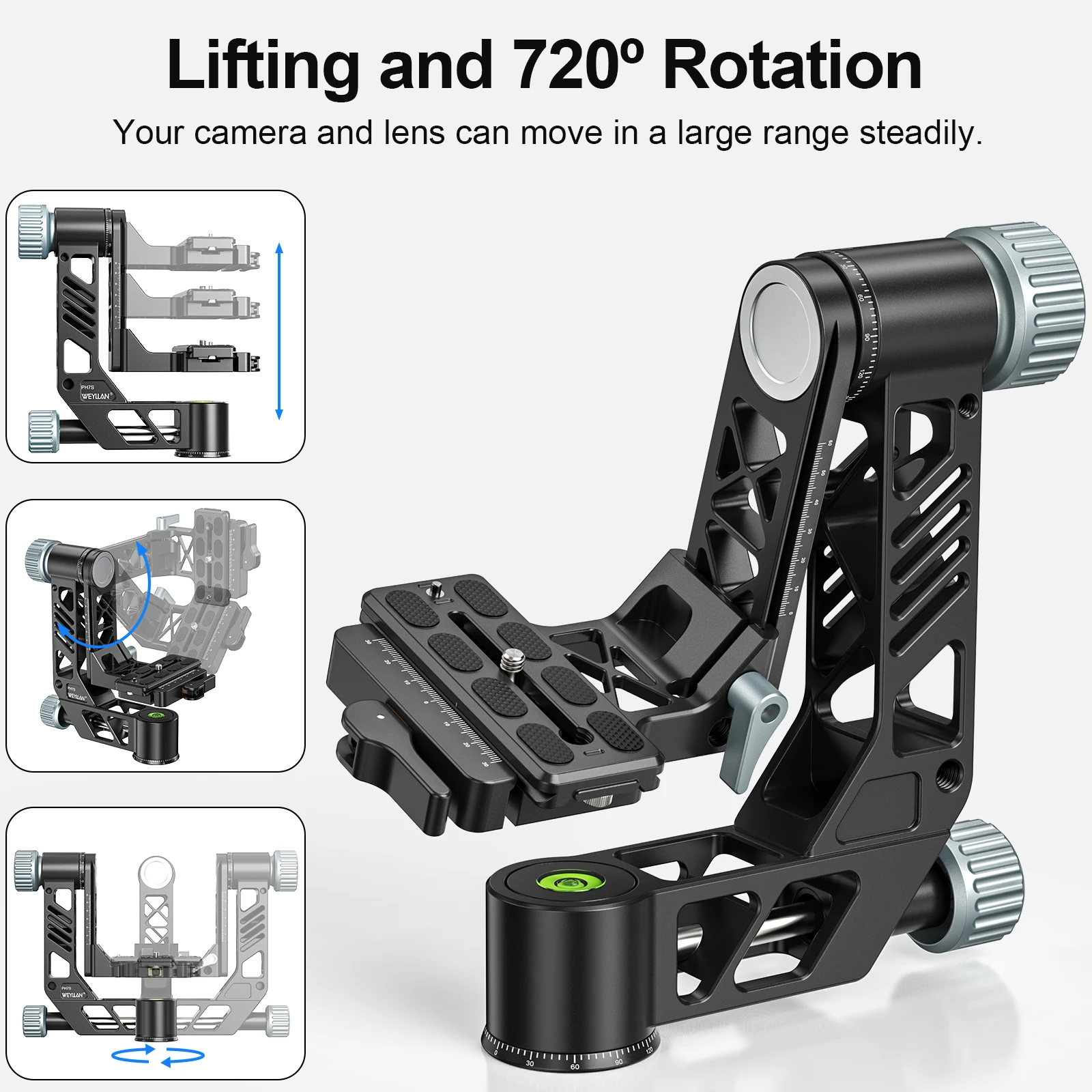 Gimbal Tripod Head WEYLLAN PH7S Professional Carbon Fiber Heavy Duty for DSLR Camera Telescope Up to 25kg Arca Swiss Q.R Plate