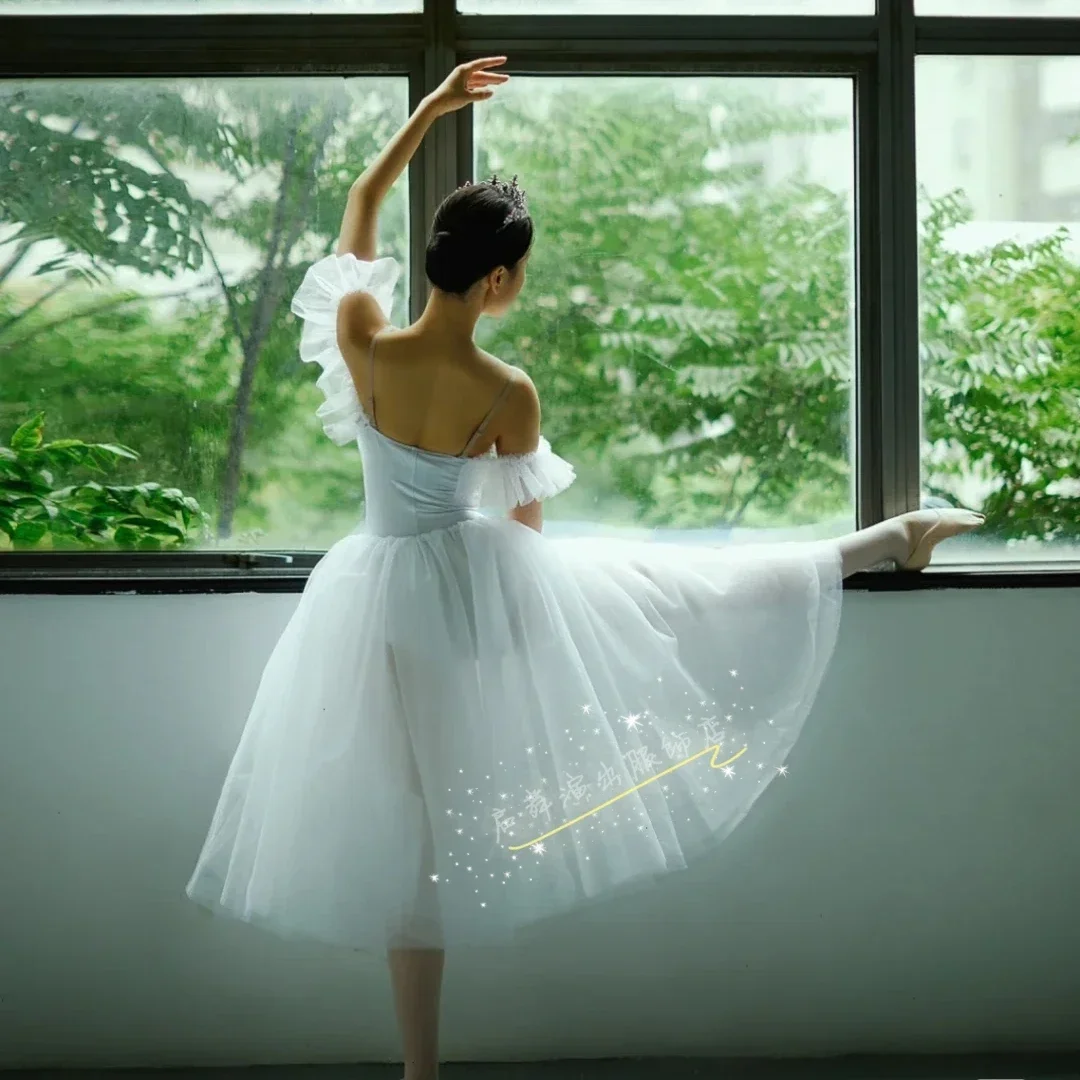 Falda de tutú de Ballet para niñas y niños, vestido de baile profesional, traje largo de hadas, blanco, competición para adultos