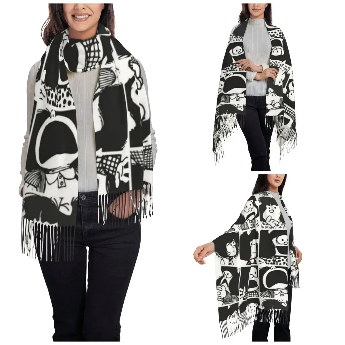 Mafalda Collage Scarf for Womens Winter Fall Shawl Wrap Cute Kawaii Large Scarves with Tassel for Daily Wear