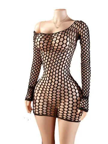 Women Sexy Fishnet Elastic Dress Erotic Lingerie Mesh Hollow Perspective Bodycon Sheath For Sex Clothes Long Sleeves Sleepdress