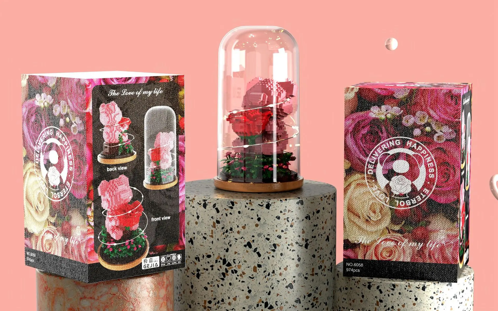 Bloques de construcción de flores de Micro Diamante, oso Rosa romántico, nanoladrillo, juguete de ensamblaje con luz para amantes, regalos de San Valentín