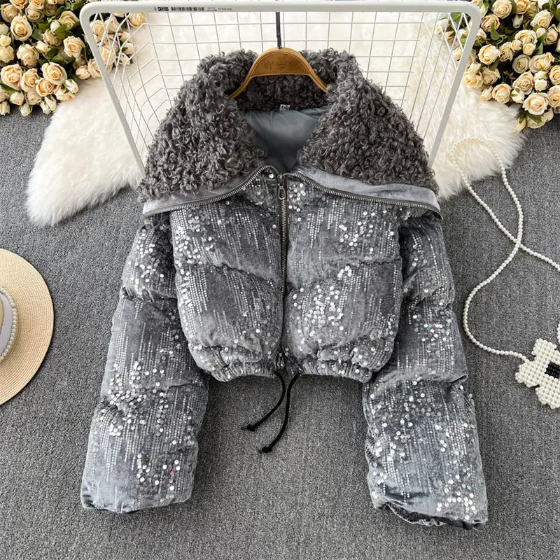 

Autumn And Winter Crop Coat Korean Version Large Lapel Glittering Sequins Short Cotton Padded Jacket For Women Parka Abrigo T958