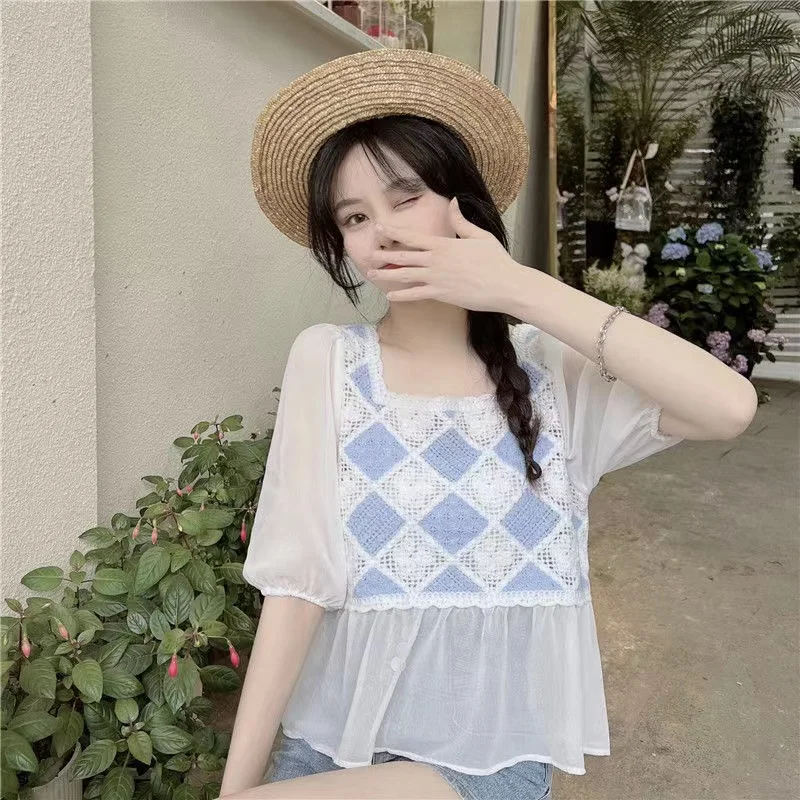 

Sweet Korean short top for women with a sense of design niche. Summer French gentle and unique bubble sleeve fake shirt