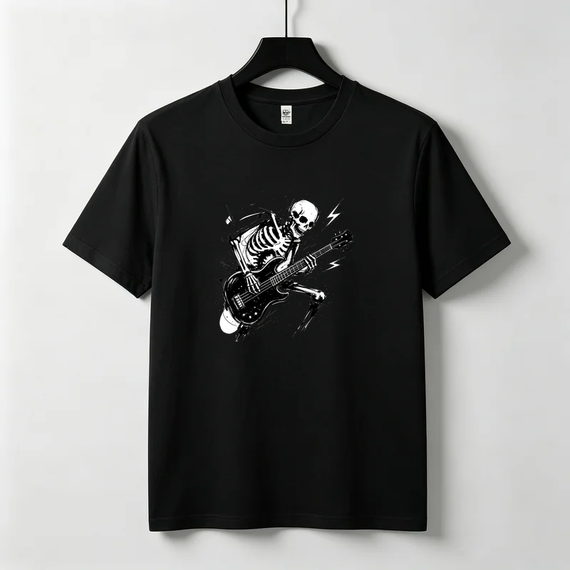 Skeleton Guitar T-Shirt Electric Guitar Lightning Print Tee Rock Musician Gift Vintage Band Shirt Casual Streetwear Concert