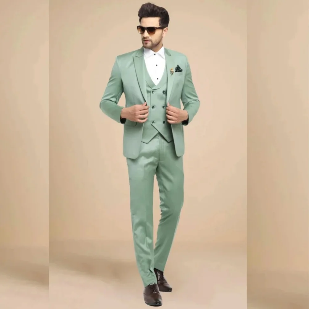 

Elegant Green Men's Suits 3 Pieces Casual Peak Lapel Single Breasted Men's Wedding Suits Formal Business (Blazer+Vest+Pant）