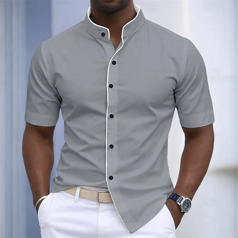 Chemise d'été pour homme à col montant et manches courtes, 20 couleurs, design color block tendance, coupe ajustée, chemise décontractée pour affaires, tailles XS-6XL