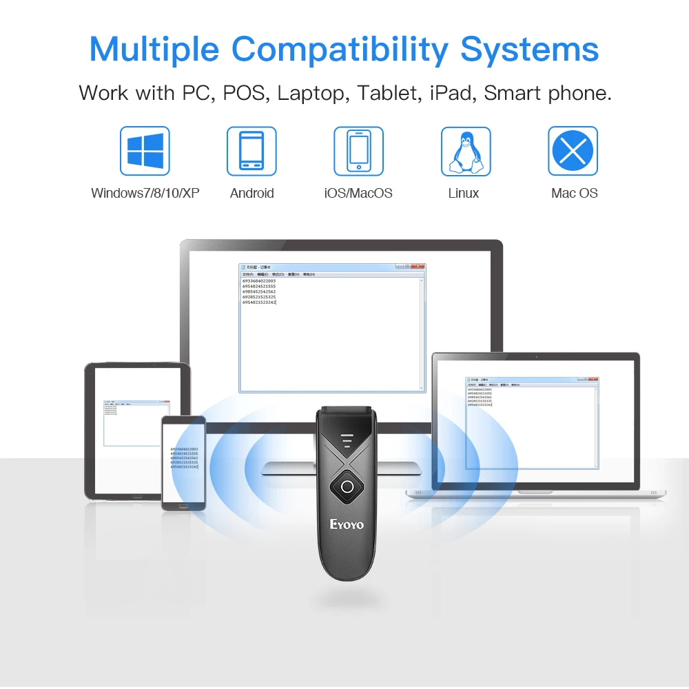 Eyoyo 2-Pack ماسح الباركود Mini QR 2D&1D بلوتوث قارئ الباركود اللاسلكي المحمول USB السلكية/بلوتوث/ 2.4G الماسح الضوئي اللاسلكي