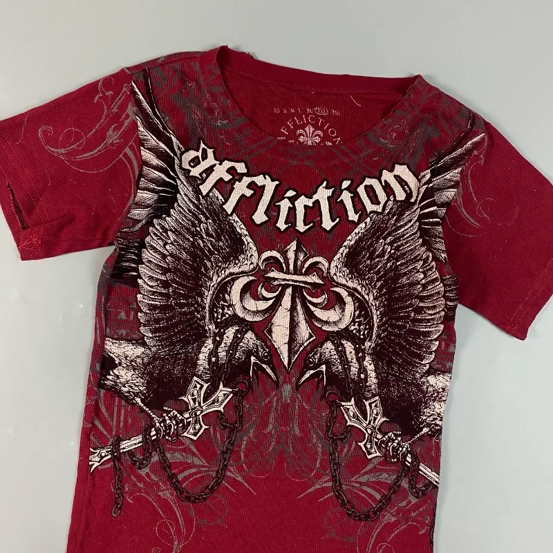 2000s Red Sustainable Cotton Mens T Shirt Retro Affliction Double Eagle Chain American Couple Men And Women High Street T shirt