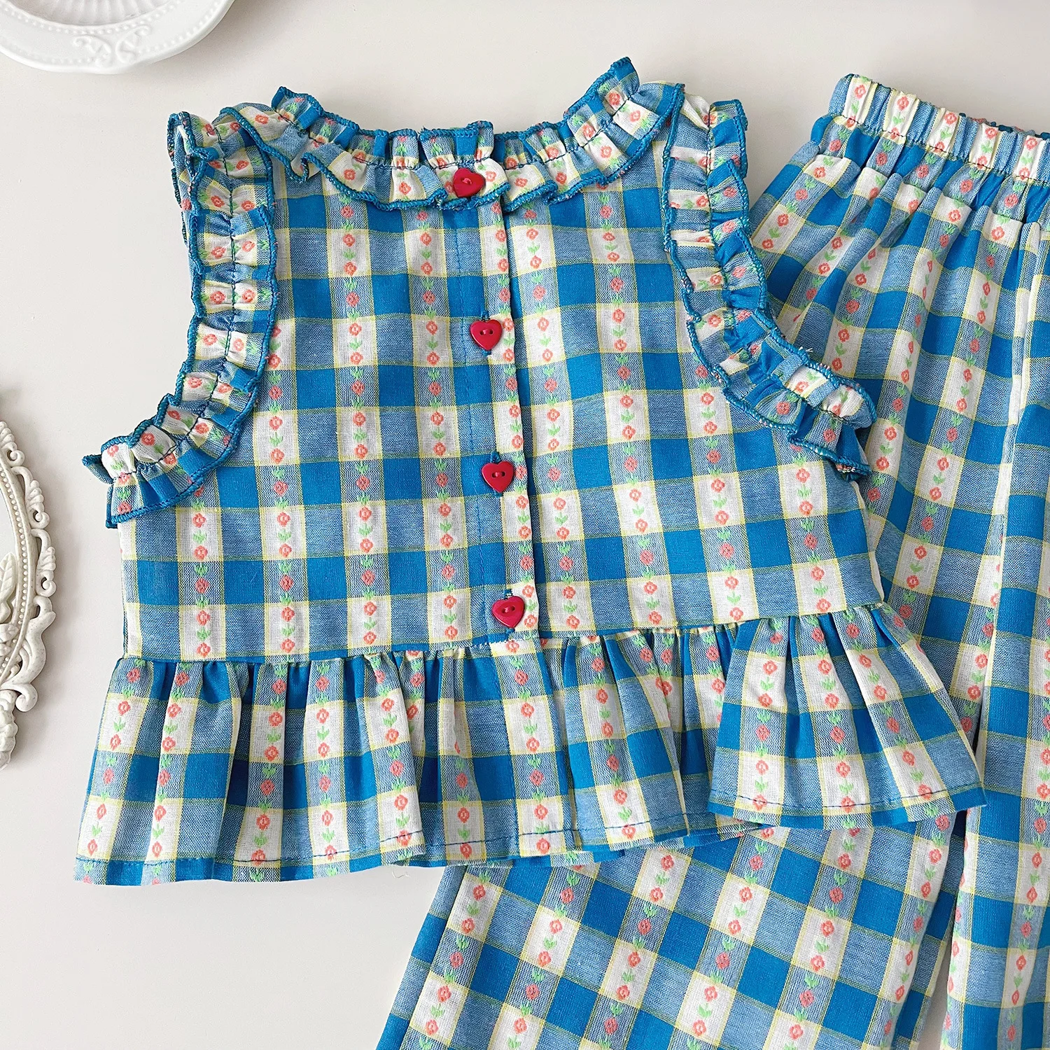 Summer Girls Blue Plaid Floral Print Tops Shirt+Elastic Waist Flounce Edge Wide Leg Shorts 2pcs Kids Cute Clothing Sets 1-6Y