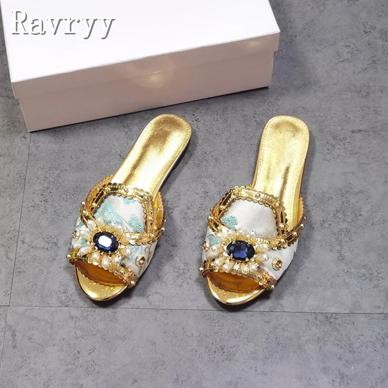 Luxury Gemstone Flower Women Slippers Designer Floral Cloth Open Toe Flat Bottomed Sandals Summer New Comfortable Beach Slipper