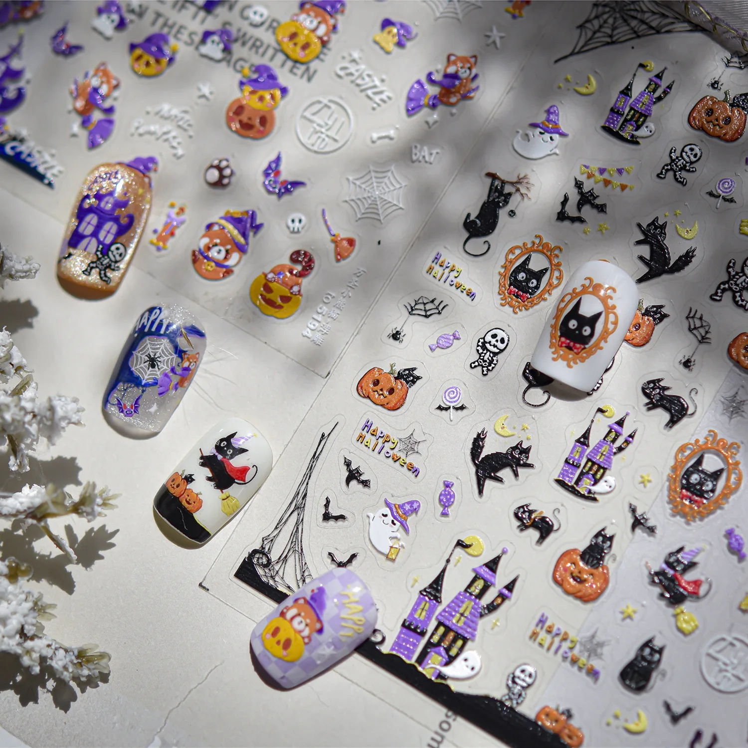 

1Sheet 5D Cute Panda Pumpkin Halloween Nail Decals Cartoon Ghost Bat Spider Web Black Cat Nail Art Sticker Halloween Nail Slider