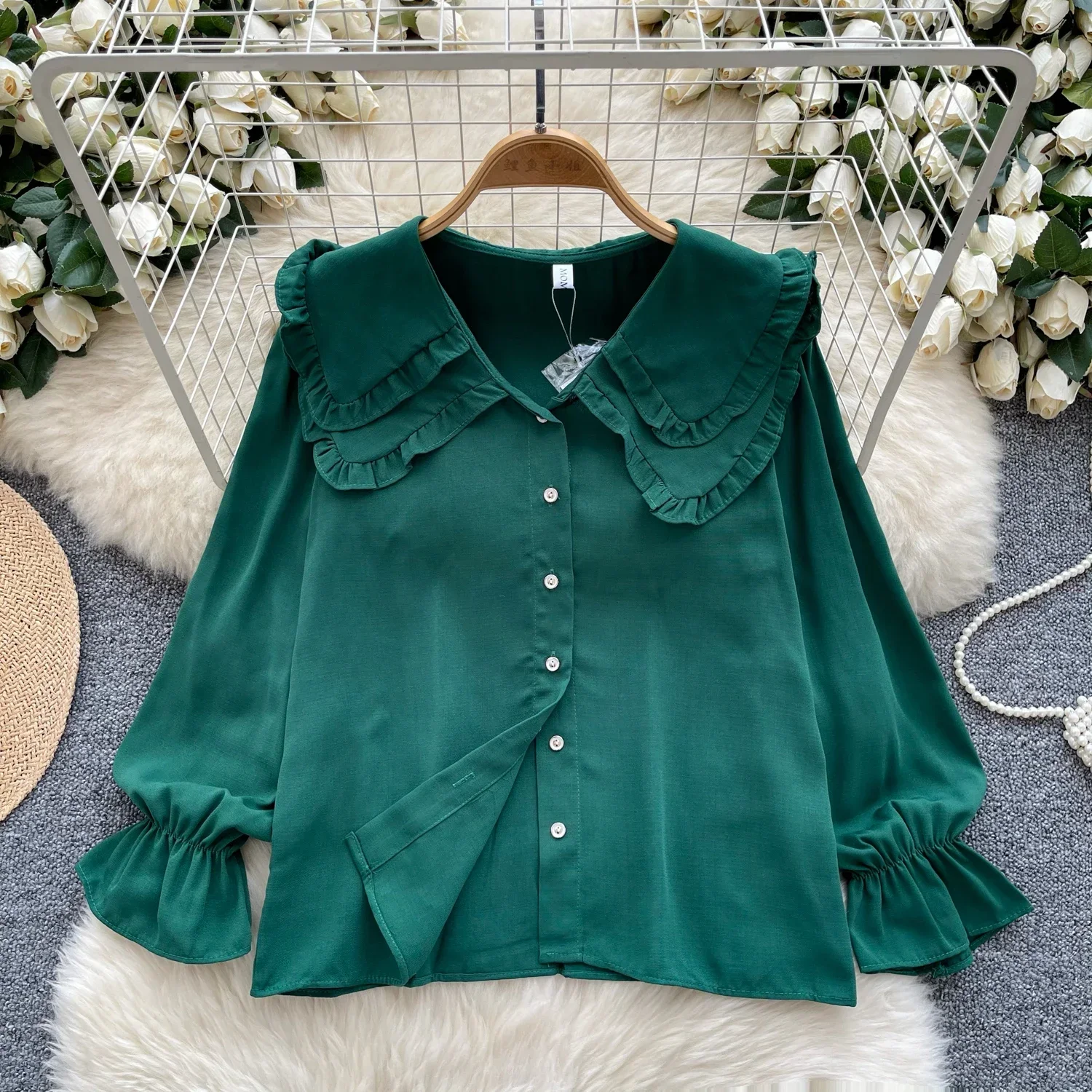 Chic Casual Peter Pan Collar Long Puff Lantern Sleeve Lace-up Blouse Slim Sexy Sweet Shirt Women Basics Luxury Fashion Y2k