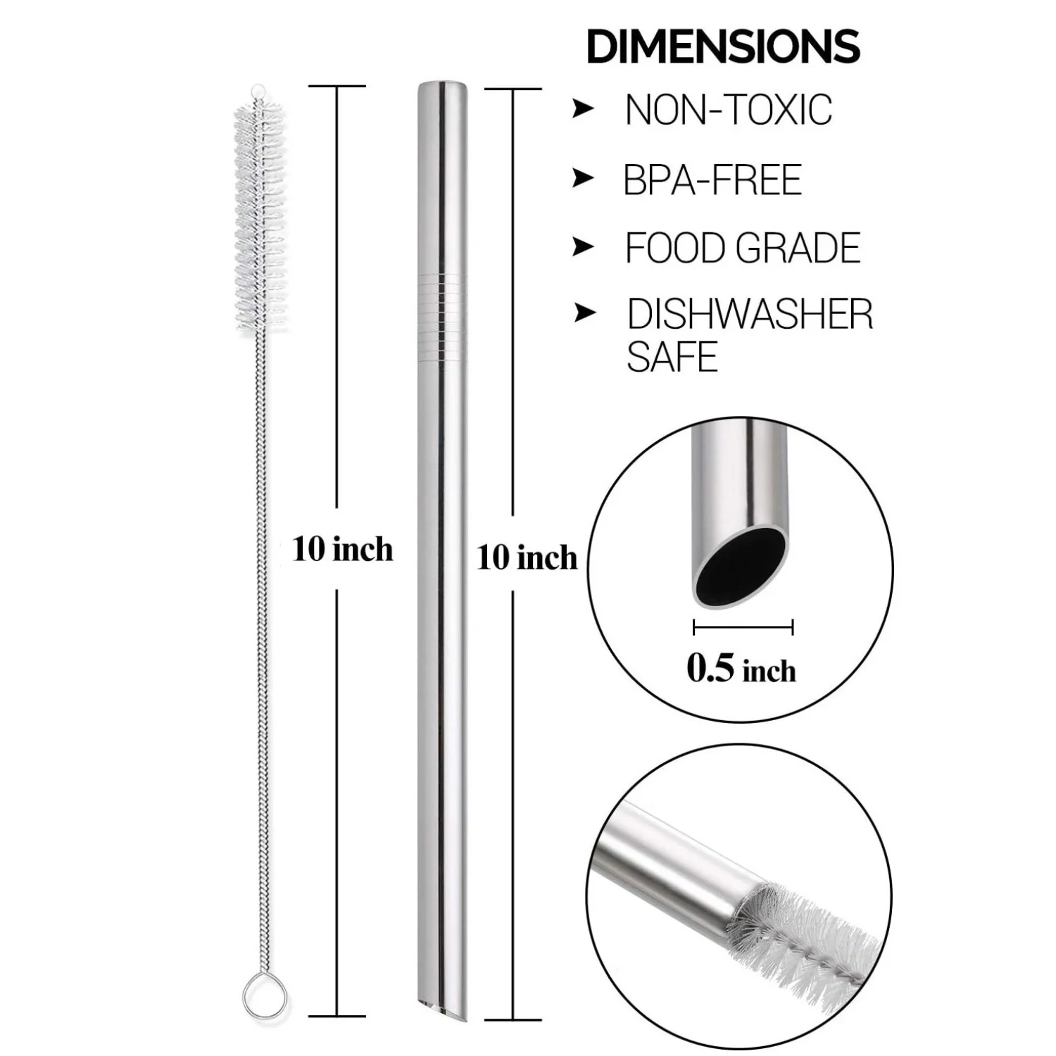 Jumbo Reusable Boba Straws, Stainless Steel Metal Straws, Bubble Tea, Tapioca Pearl, Milkshakes,Smoothies, 0.5 \