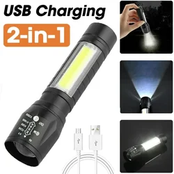 2-in-1 LED Flashlight Mini Torch 4 Modes USB Rechargeable Battery Lamp Zoom Focus COB Torch Outdoor Waterproof Camping Light