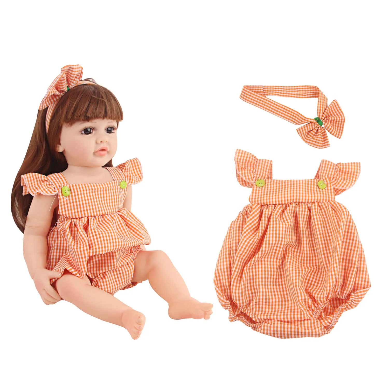 Saia xadrez amarela e roupa hairband para reborn girl, vestido de boneca, terno de roupas, acessórios de brinquedos, 55cm, 22"