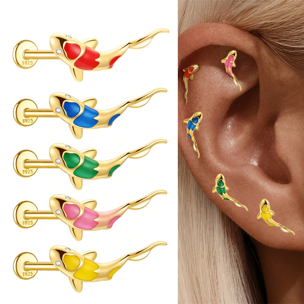 

AIDE Lucky animal koi Simple Piercing Stud Earrings for Women 925 Sterling Silver Dainty Eternity Fine Jewelry