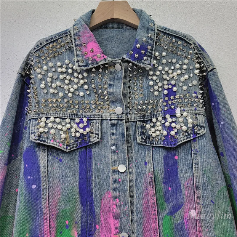 European Style Denim Jackets Womens 2024 Autumn New Loose Slimming Heavy Industry Rhinestone Personalized Hand Painted Jean Coat