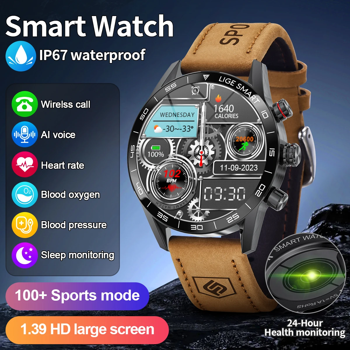

LIGE Sports Smartwatch For Men Heart Rate Monitoring Waterproof Multi Exercise Mode HD Bluetooth Call Smart Bracelet Smart Watch