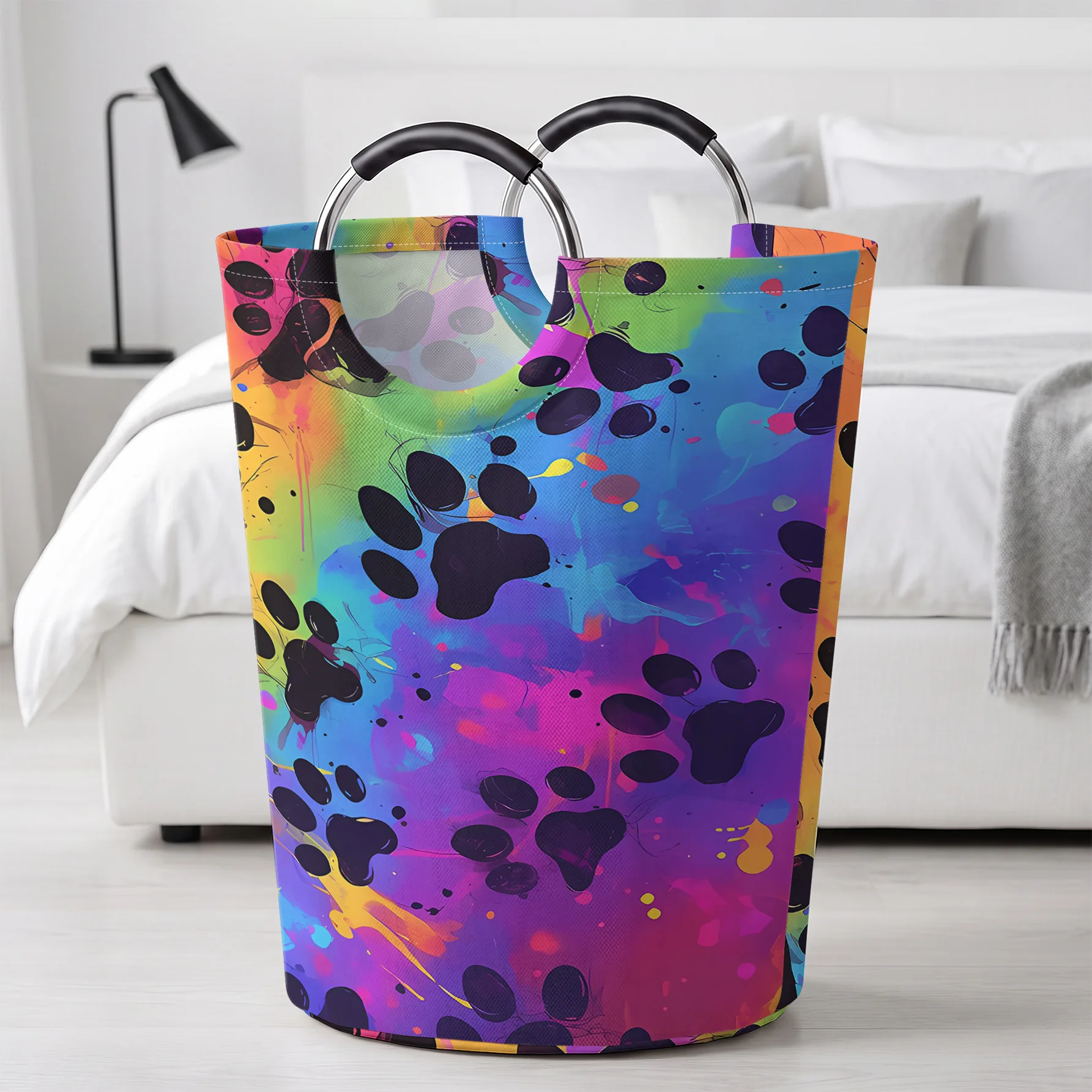 Colorful Splash Paint Pet Paw Print Full Print Handheld Storage Basket, For Laundry, Bedroom & Home Sundries Storage