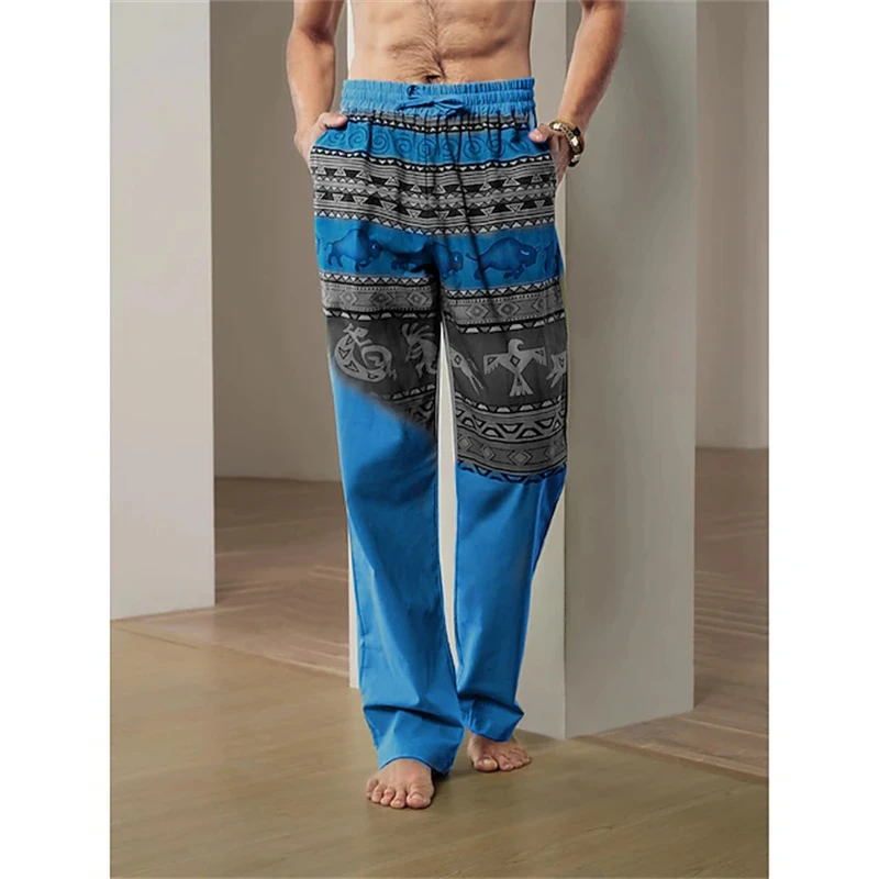 Men's Retro Casual Pants Loose Fit with Ethnic-Style Print Lightweight and Breathable Summer Travel Pants with Elastic Waistband