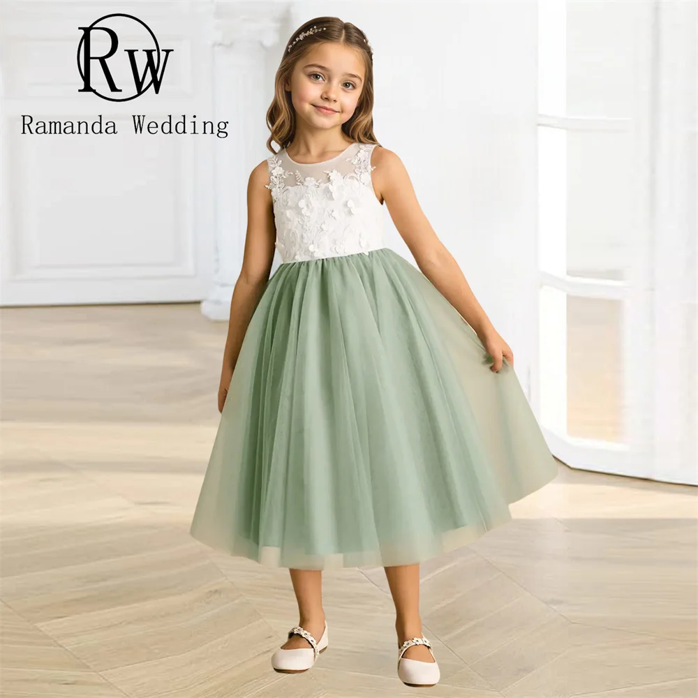 فساتين راماندا مزينة بالدانتيل على شكل حرف a للفتيات بفيونكة ورقبة دائرية بدون أكمام مطوي من التل لحفلات الزفاف فستان فيستدوس دي فيستا مخصص