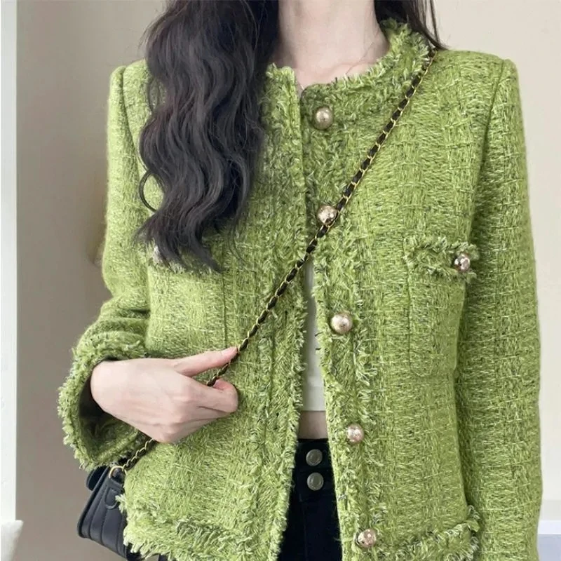 2023 New Autumn Winter Korean Single-Breasted Short Tweed Coat Women Long Sleeve Vintage Green Casual Jackets Female Outerwear