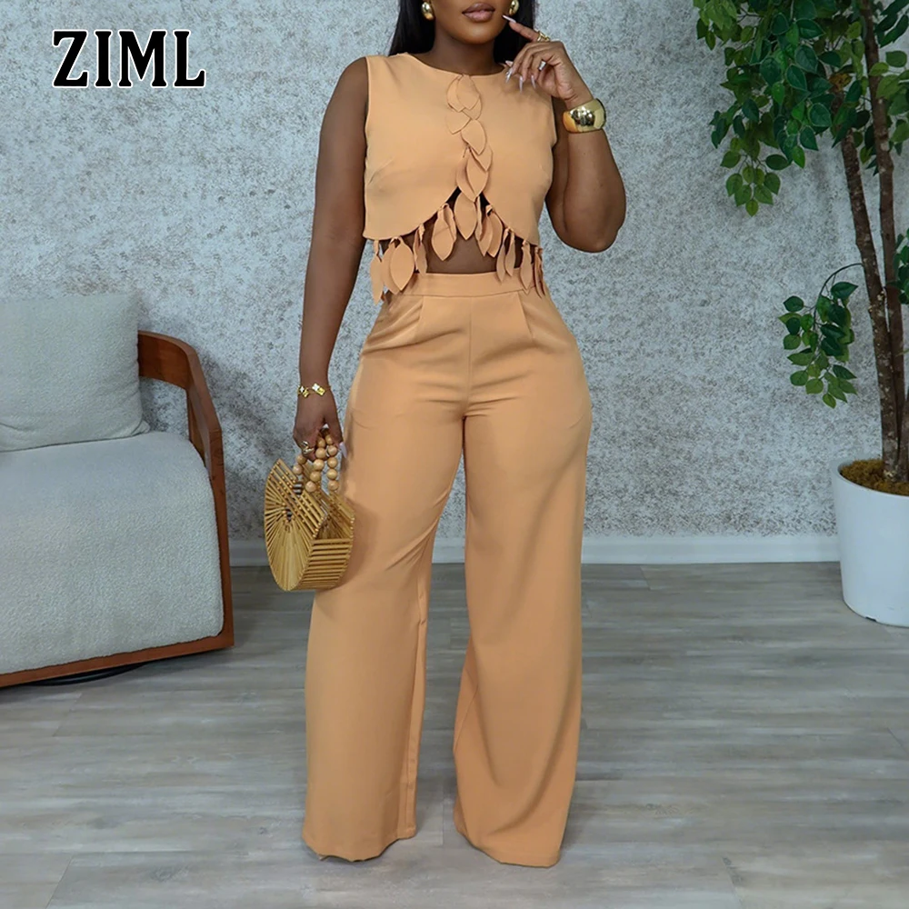 

ZIML Solid Slimming Two Piece Sets for Women Round Neck Sleeveless tasslesTops High Waist Loose Pants Chic Set Female Fashion