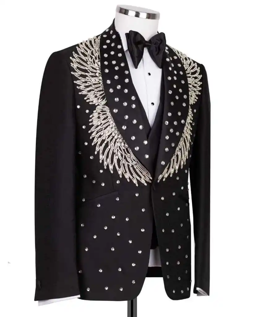 Luxury Mens Suits 2 Pieces Blazer Pants High Quality Beaded Crystals One Button Slim Fit Suits Wedding Groom Dinner Party