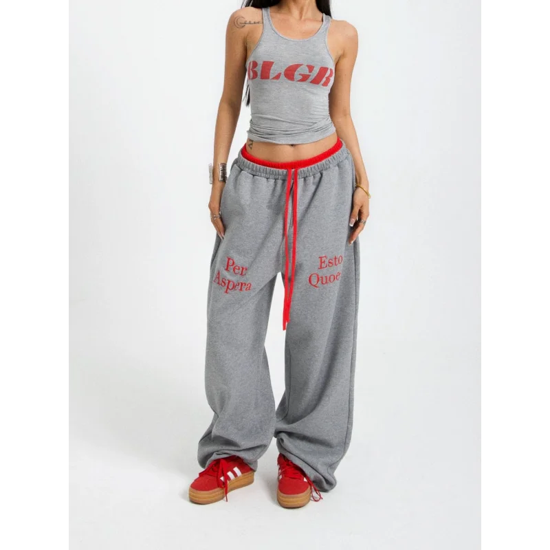 

American Style Summer Sports Joggers Color Blocking Double Waist Loose Fit Pants