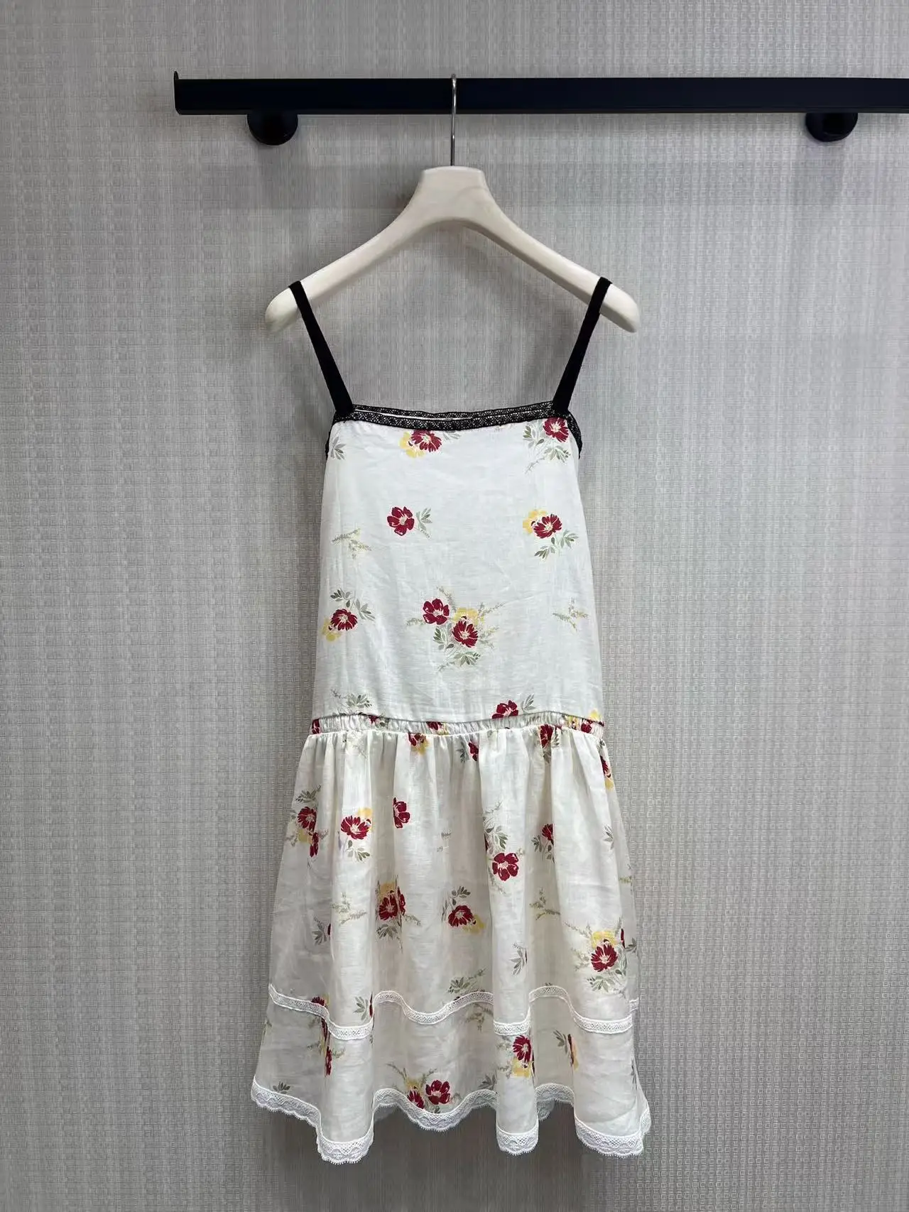 French-style red plaid halter dress with lace collar, cinched waist and pleated sequined border beach dress