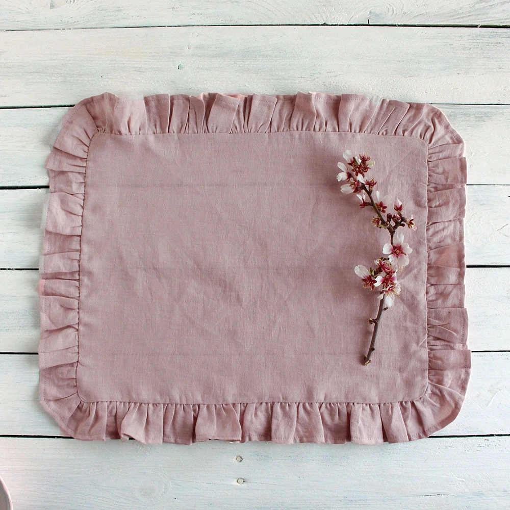 Juego de 6 Servilletas de Lino 100%, Servilletas de Color Sólido para Cena de Boda, Manteles Individuales con Volantes, Borde con Volantes, Servilletas Clásicas Personalizadas para Mesa de Comedor