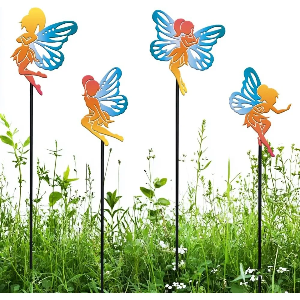 

4 Pcs Butterfly Fairy Garden Stakes Decor Angel Stakes Ornaments Metal Lawn Ornaments Stakes for Flower Bouquet Outdoor Indoor