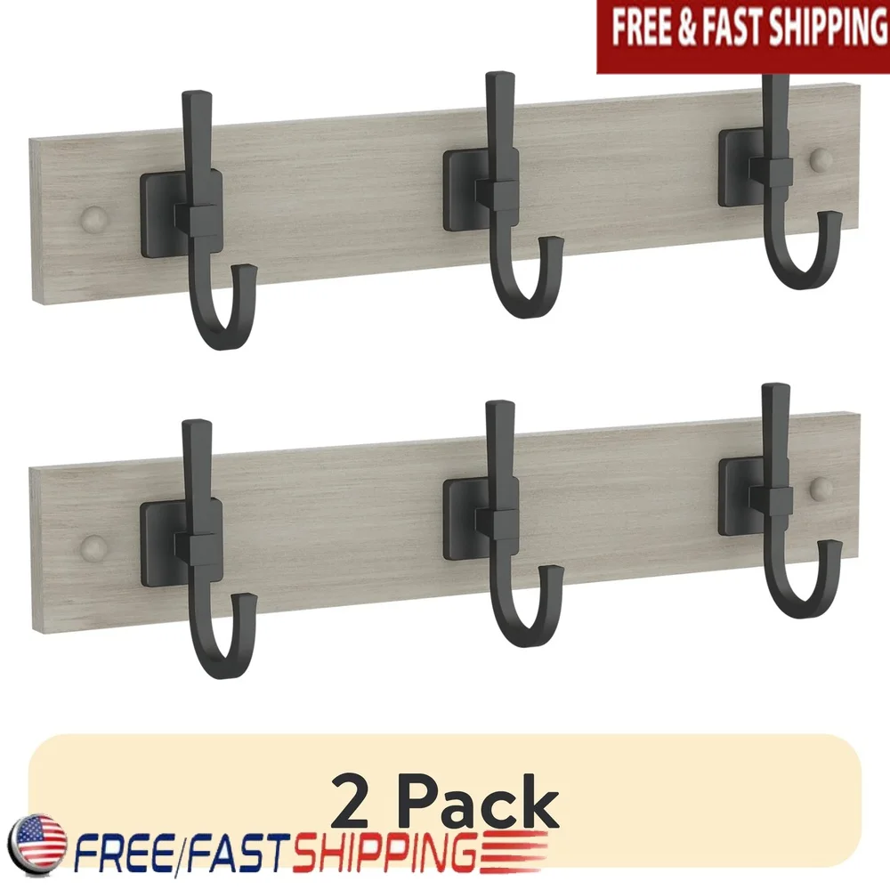 

2 Pack 18 Inch Rustic Gray Hook Rack with Matte Black Hooks Coats Handbags Hats Easy Installation Wall Mounted Storage