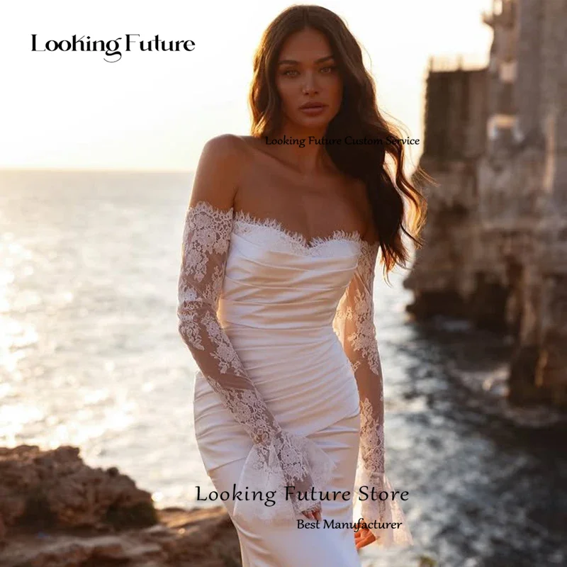 Robes de mariée sirène de plage en Satin, simples, épaules dénudées, dentelle plissée, manches longues, modernes, sans bretelles, dos ouvert